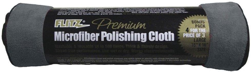 Flitz Premium Microfiber Polishing Cloth 4-pack rolled with black packaging label showing product name and bonus offer.