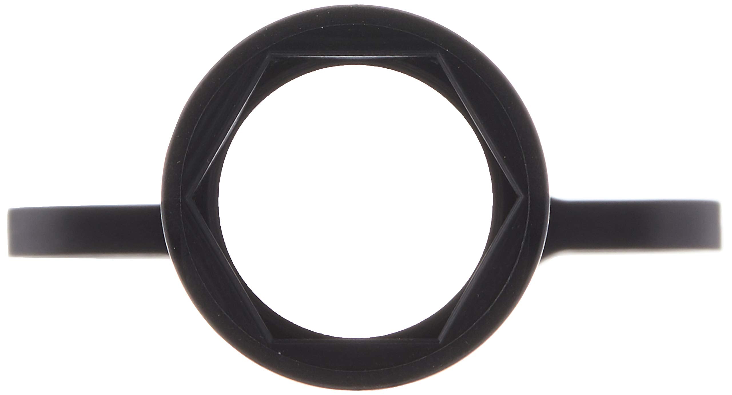 Black wrench with circular opening and two extending handles for turning Delta faucet cartridges.