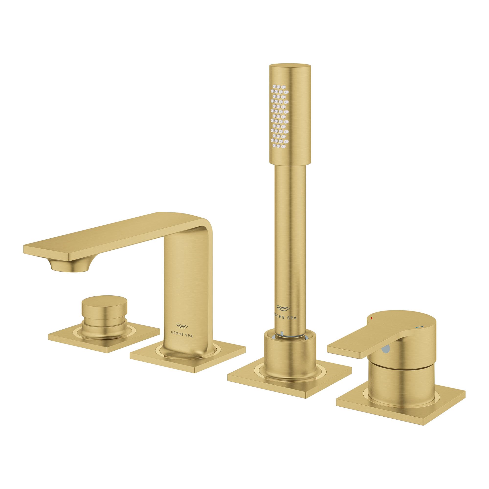 Brushed nickel four-piece roman tub faucet set with single handle, spout, hand shower, and control knobs.