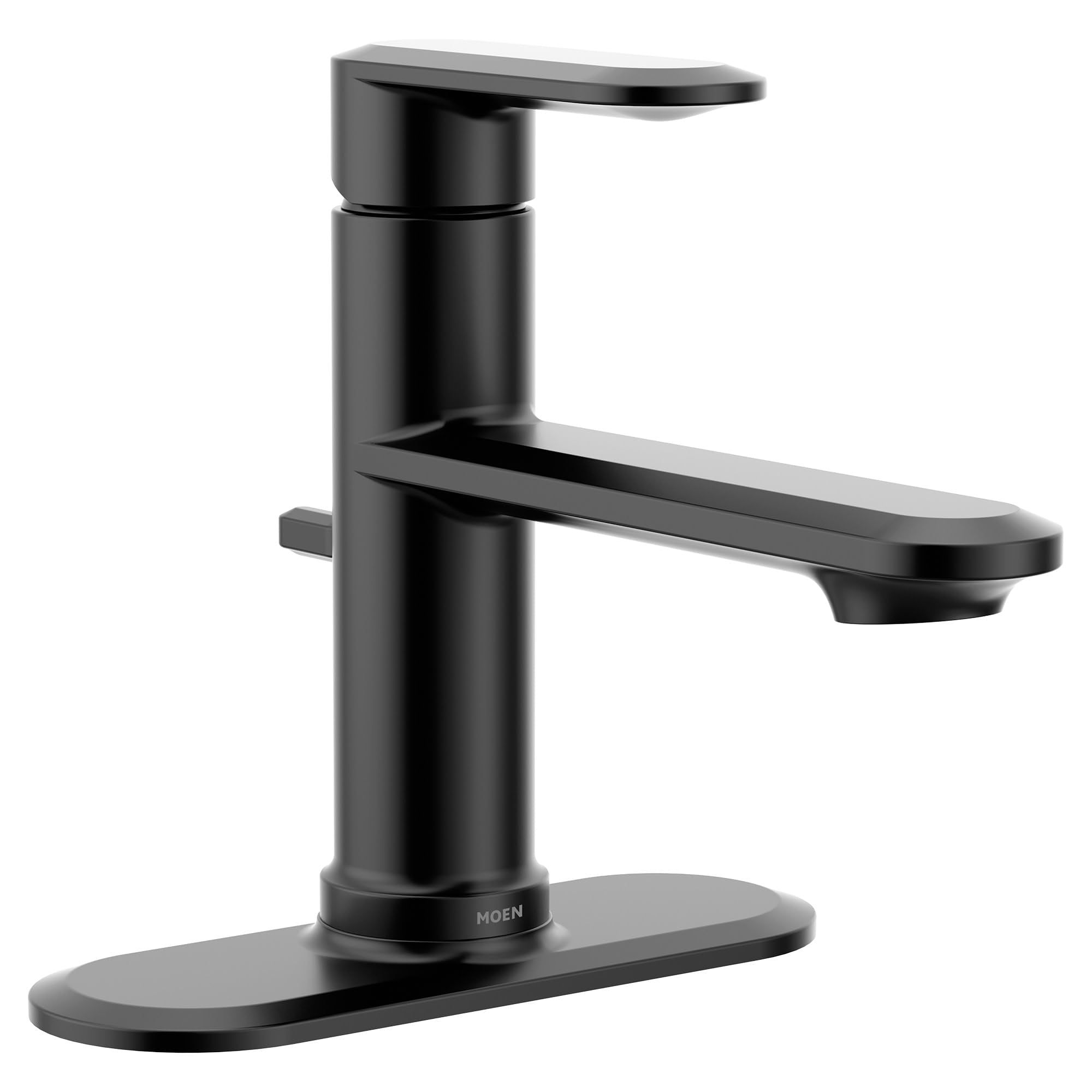 Matte black single-handle bathroom faucet with cylindrical body, angled spout, and matching base plate.