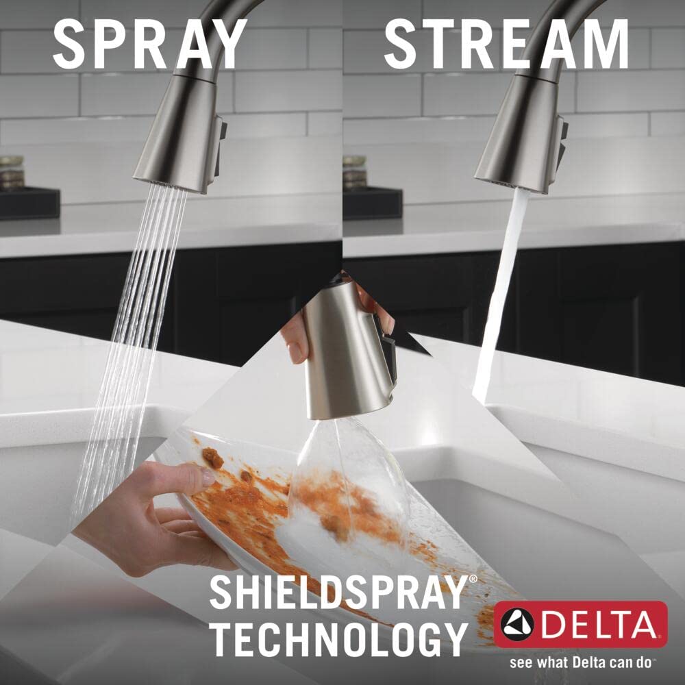 Stainless steel pull-down kitchen faucet with spray and stream water modes demonstrated over a white sink.