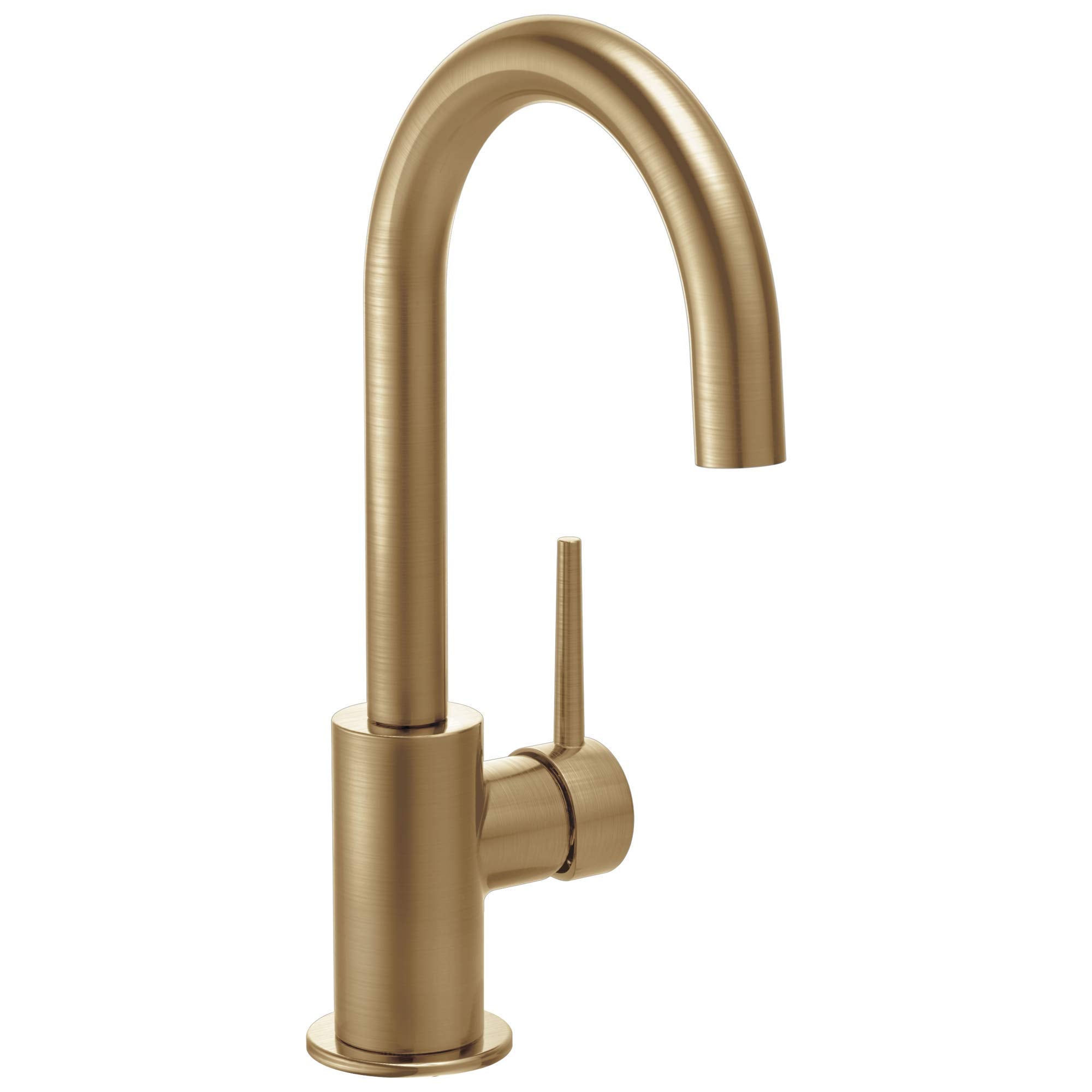 Champagne bronze kitchen faucet with curved spout and single lever handle on circular base.