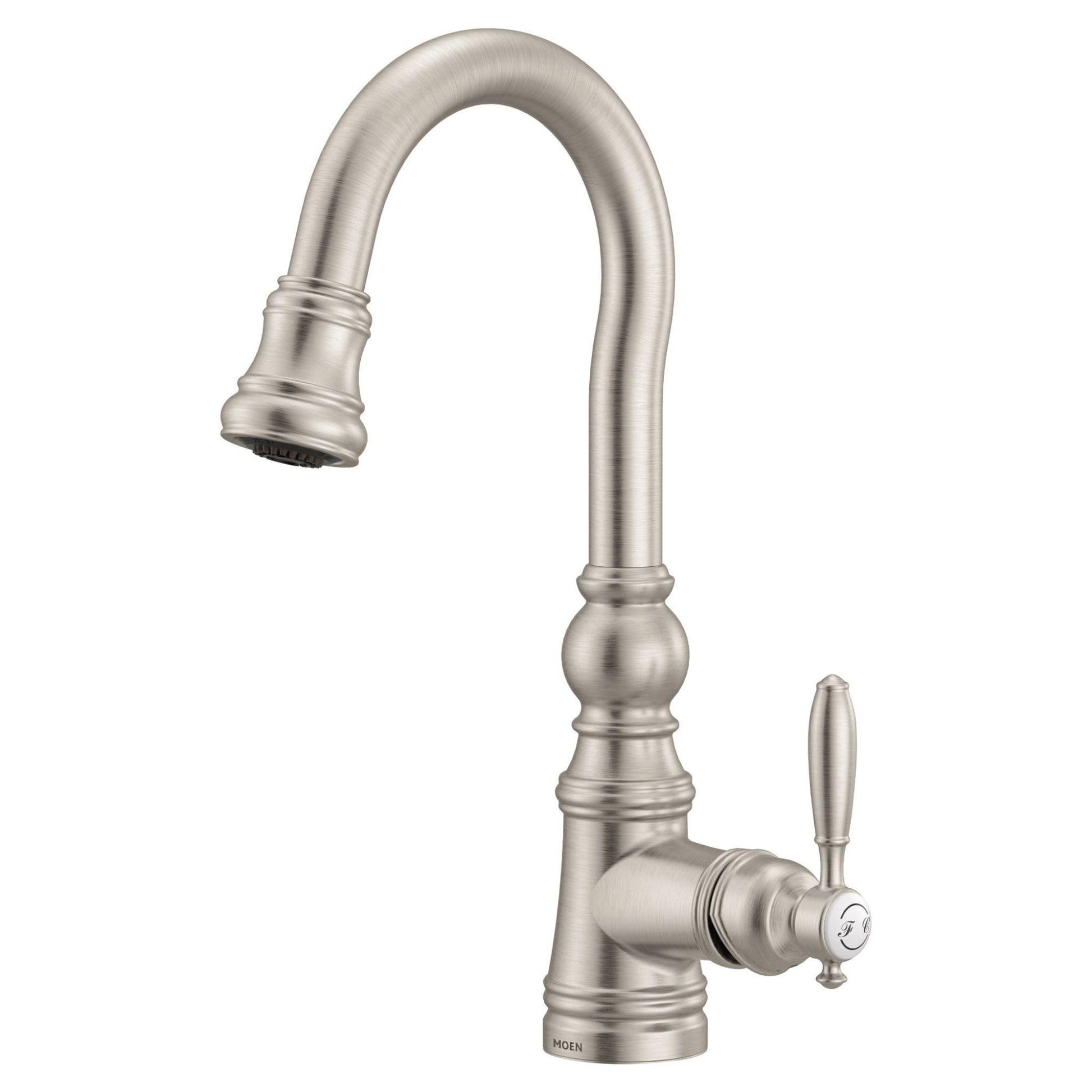 Stainless steel pulldown kitchen faucet with curved spout, single lever handle, and brushed finish.
