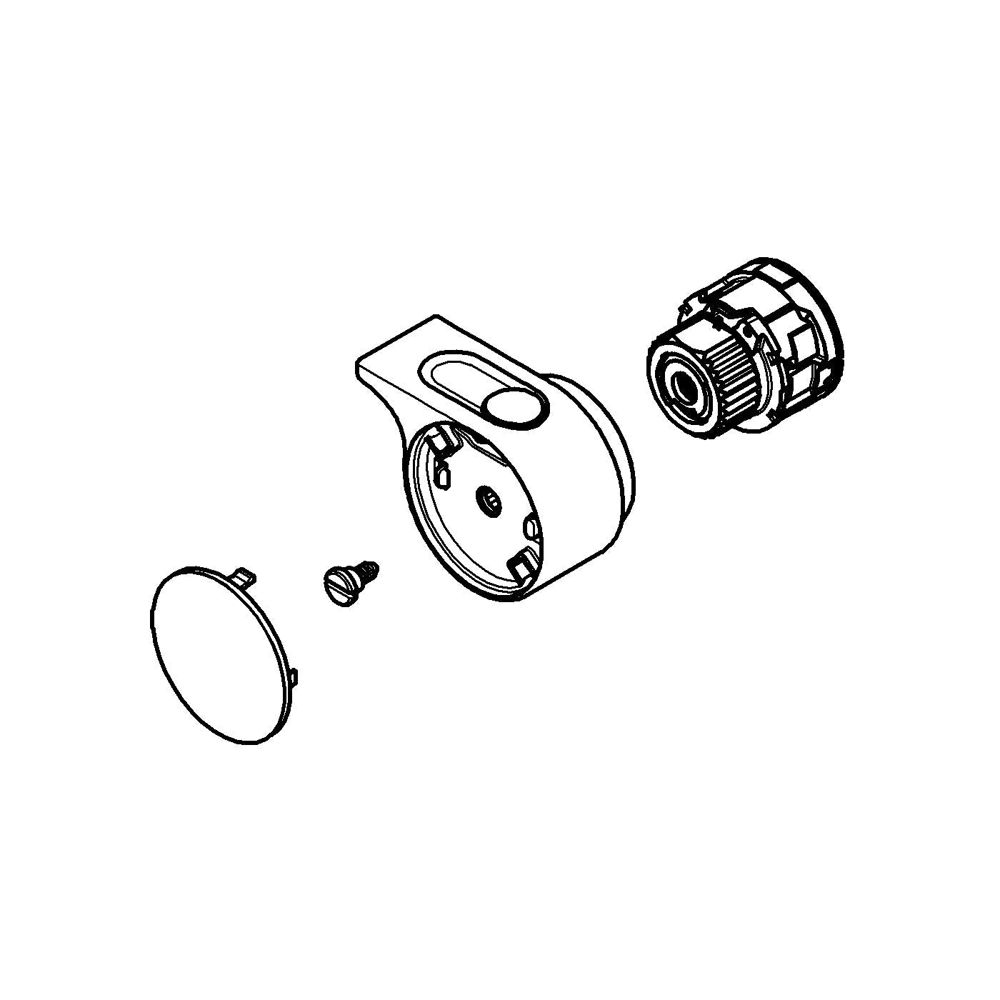 Chrome temperature control handle with circular trim and cartridge assembly components shown in exploded view.