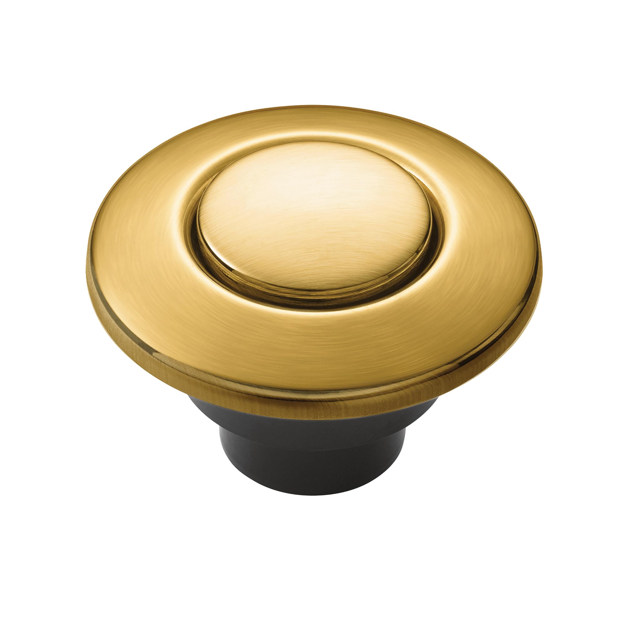 Brushed gold circular air switch button with domed center and black base for garbage disposal control.