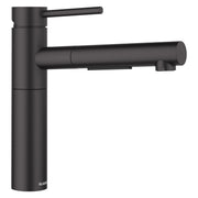 Matte black pull-out kitchen faucet with cylindrical body and horizontal spout.