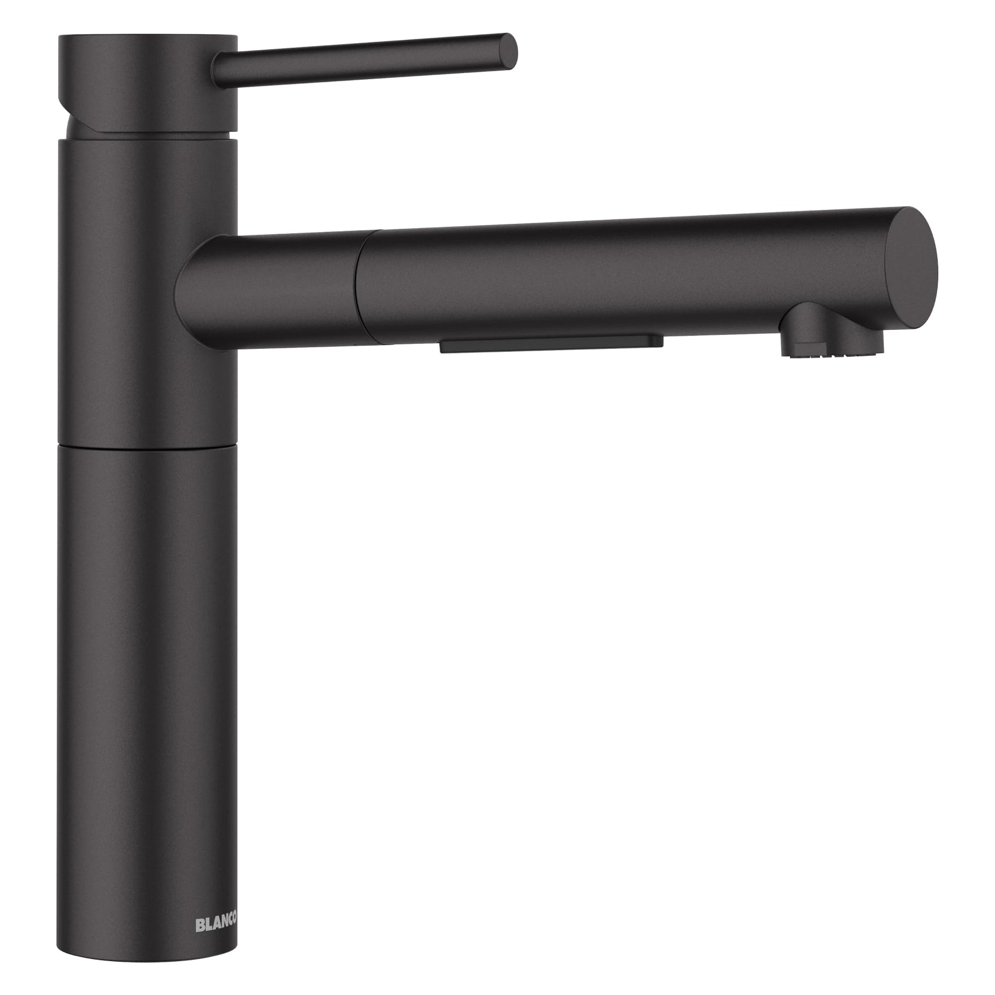 Matte black pull-out kitchen faucet with cylindrical body and horizontal spout.