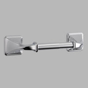 Polished chrome tissue holder with square mounting plates on each end and cylindrical rod in center.