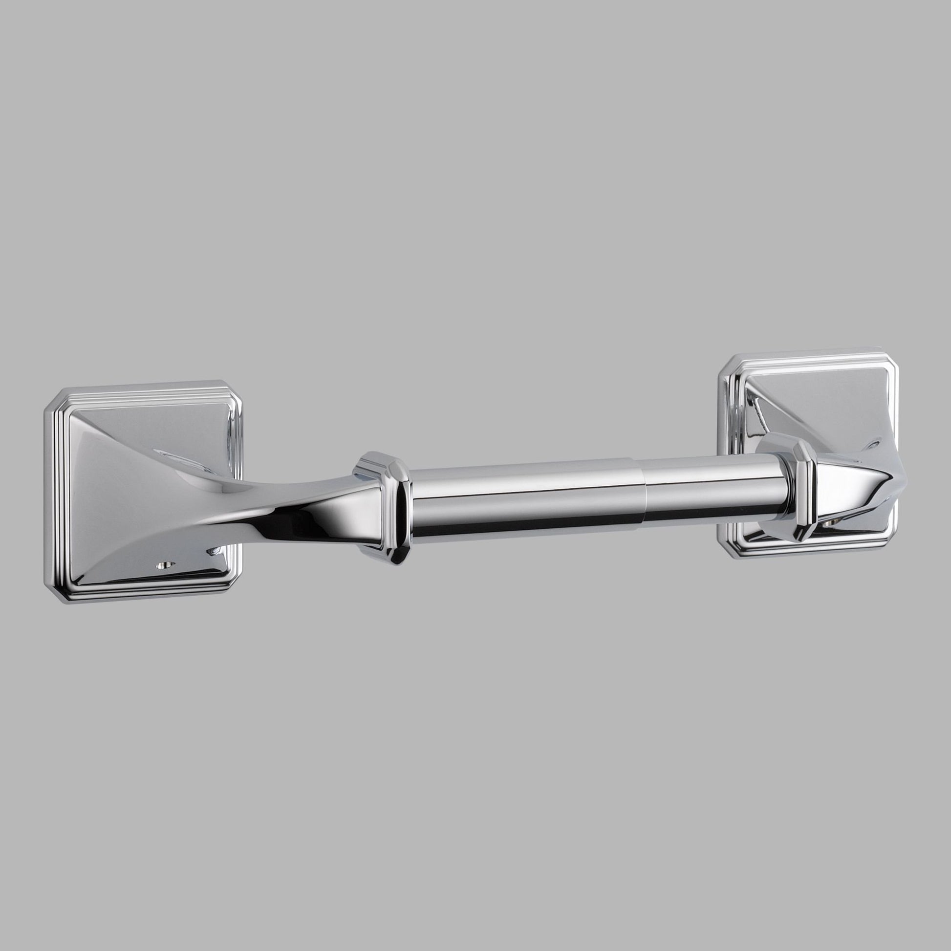 Polished chrome tissue holder with square mounting plates on each end and cylindrical rod in center.