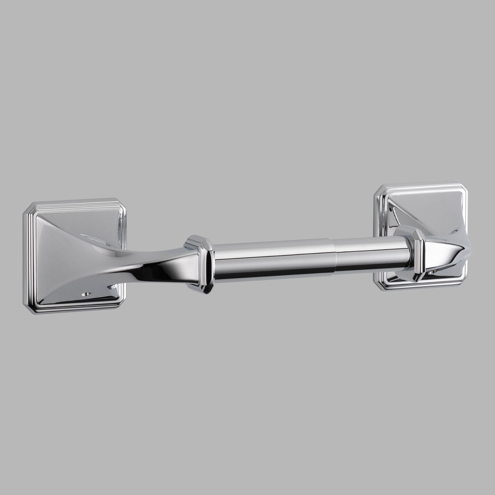 Polished chrome tissue holder with square mounting plates on each end and cylindrical rod in center.