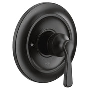 Moen Colinet matte black single-handle valve trim kit with oval escutcheon plate and lever handle.