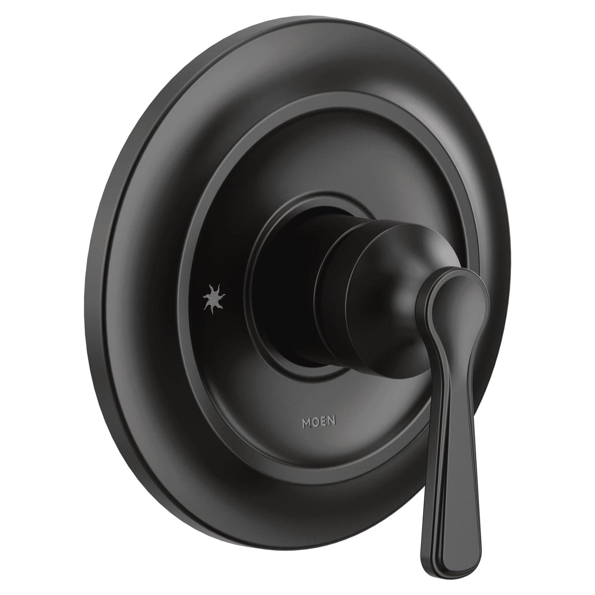 Moen Colinet matte black single-handle valve trim kit with oval escutcheon plate and lever handle.