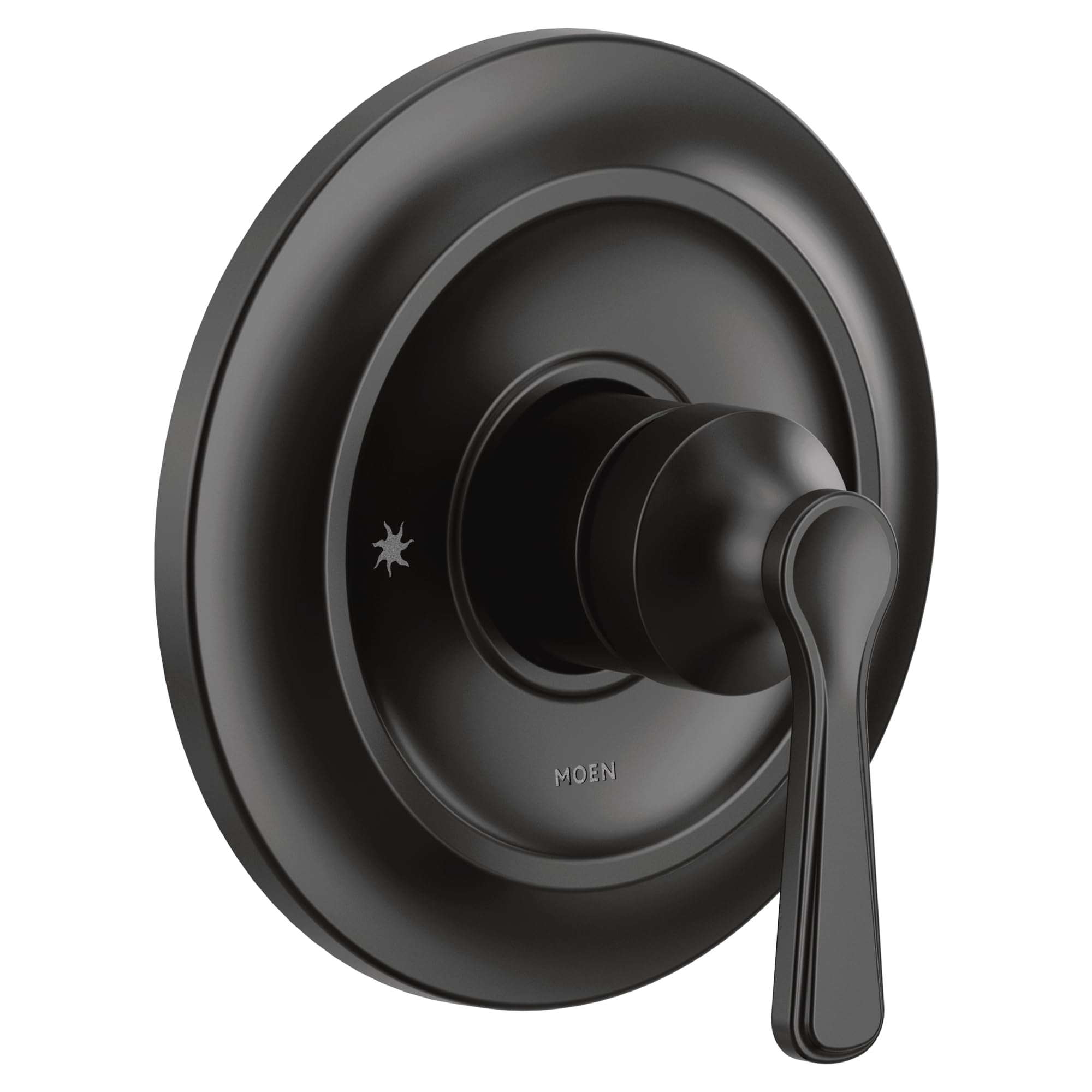 Moen Colinet matte black single-handle valve trim kit with oval escutcheon plate and lever handle.