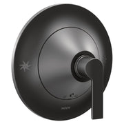 Moen Doux single-handle shower valve trim in matte black with lever handle and circular escutcheon plate.