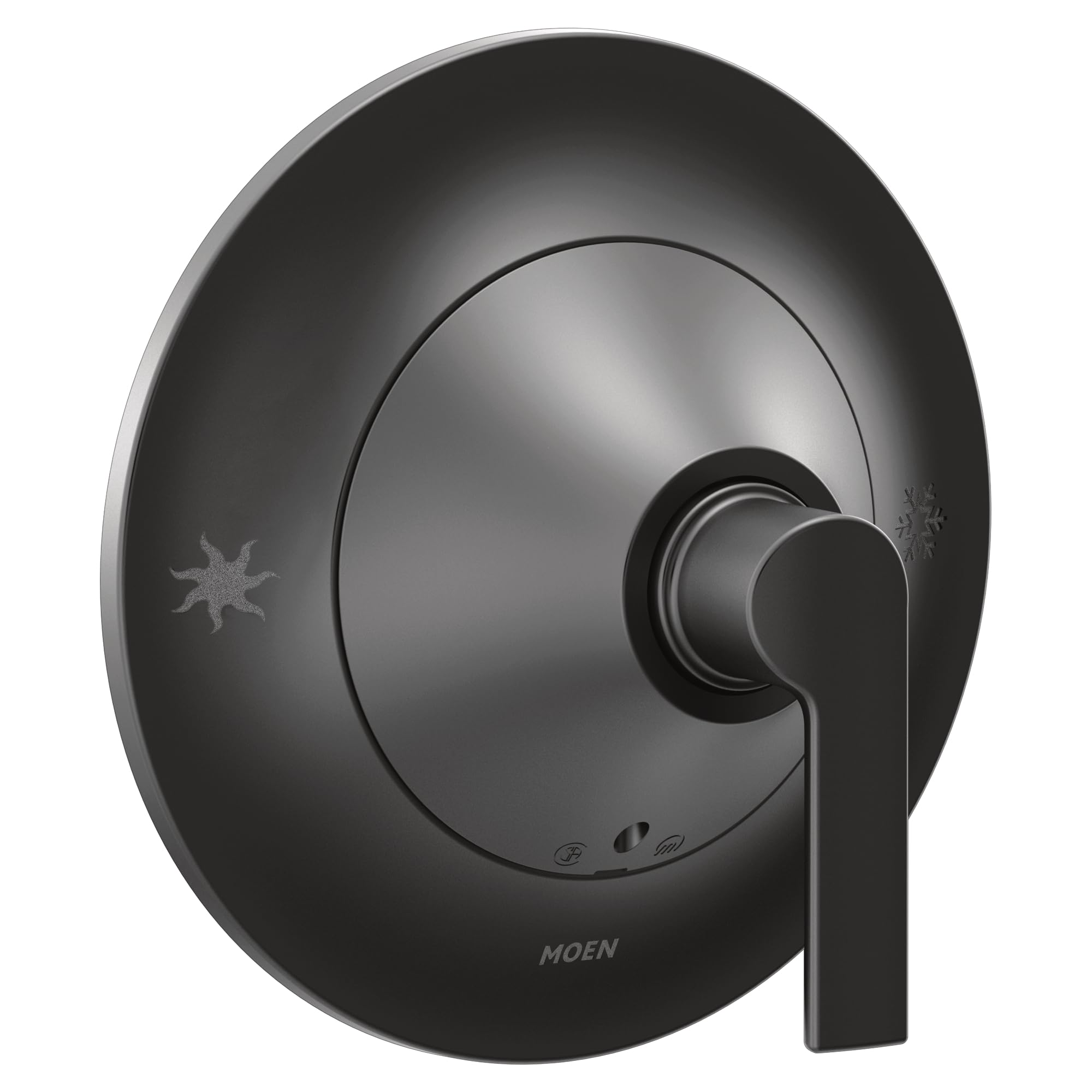 Moen Doux single-handle shower valve trim in matte black with lever handle and circular escutcheon plate.