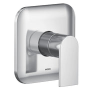 Chrome single-handle shower trim kit with rounded rectangular escutcheon plate and lever handle.
