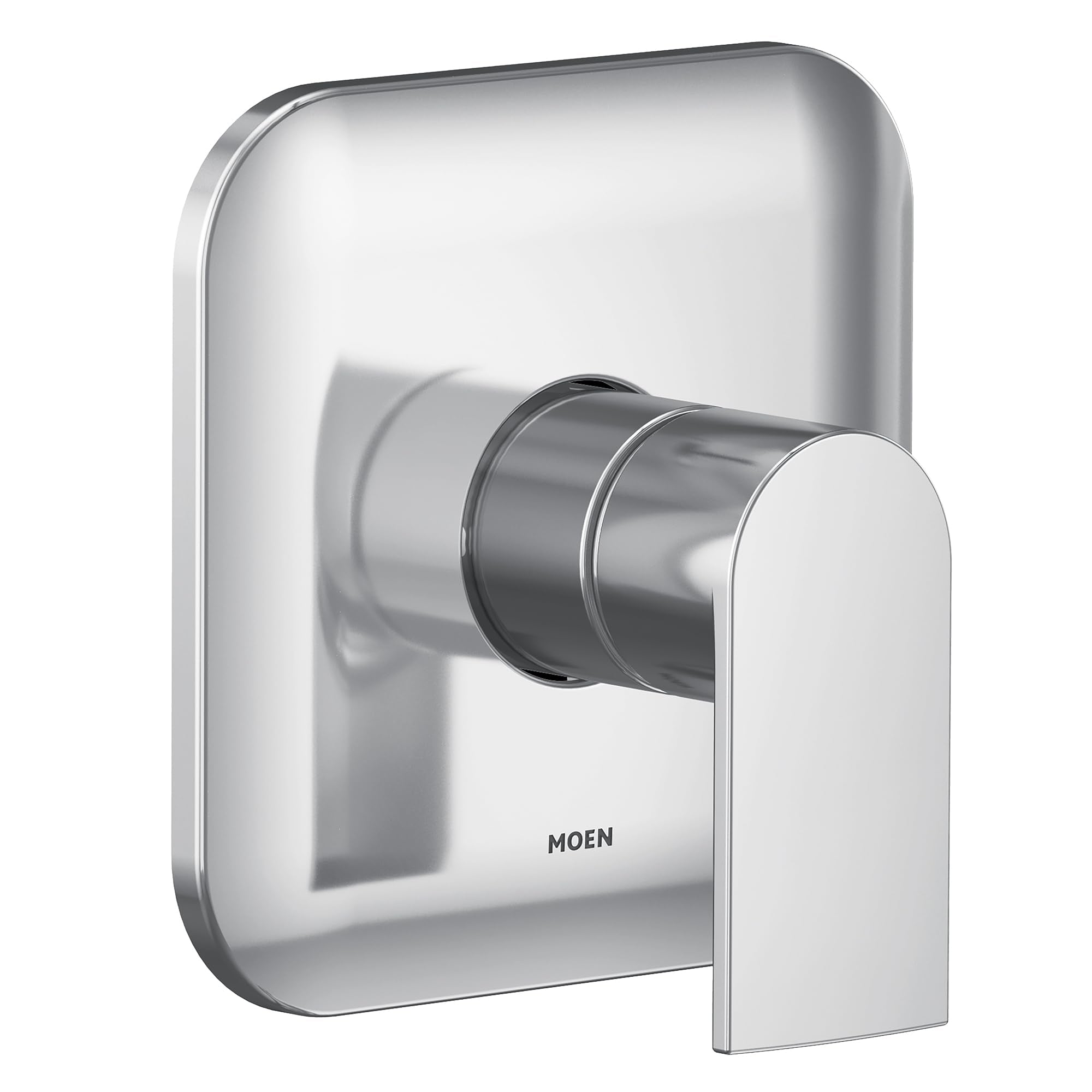 Chrome single-handle shower trim kit with rounded rectangular escutcheon plate and lever handle.