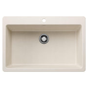 Soft white single bowl kitchen sink with chrome drain fixture and rounded corners, top view.