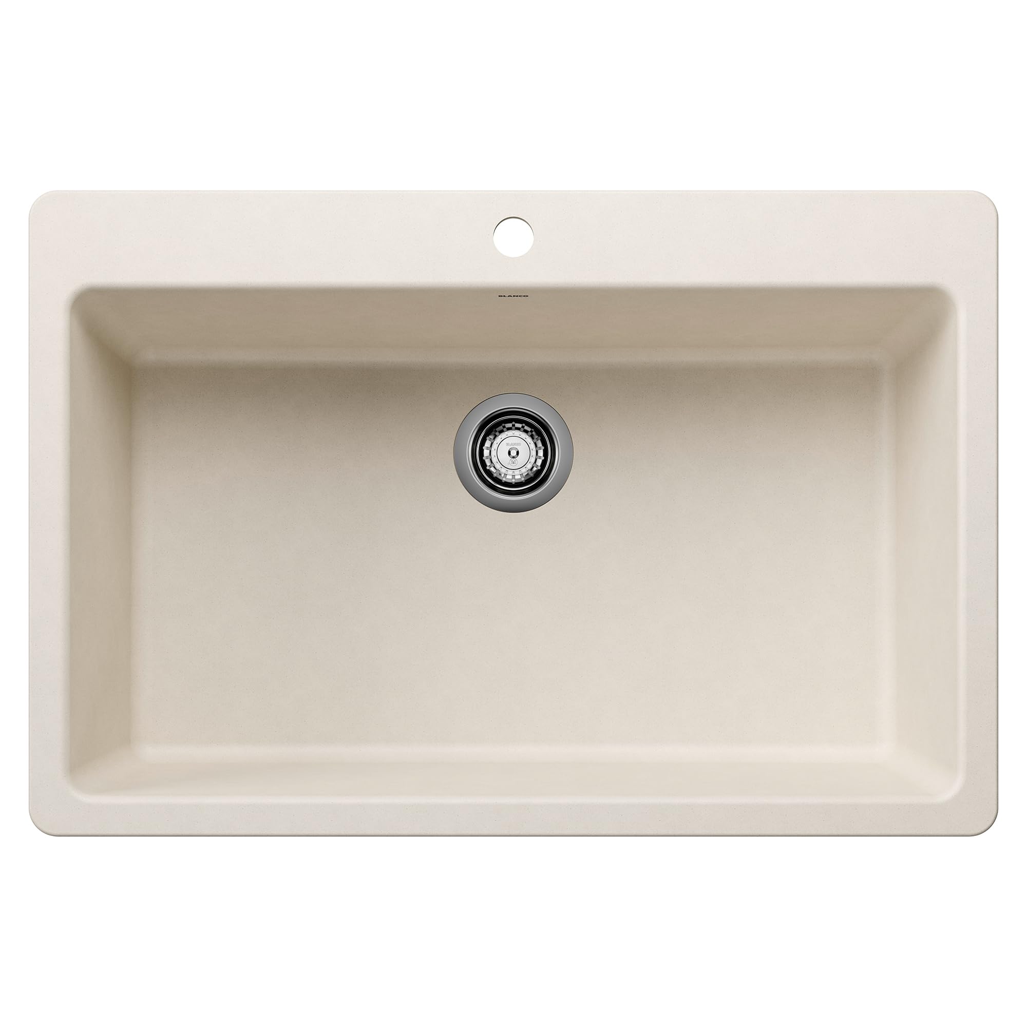 Soft white single bowl kitchen sink with chrome drain fixture and rounded corners, top view.