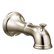 Polished nickel curved tub spout with diverter lever and wall mounting flange.