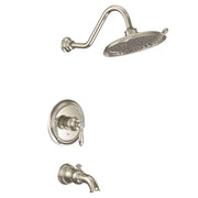 Polished nickel tub and shower trim kit with curved showerhead, single lever valve, and tub spout.
