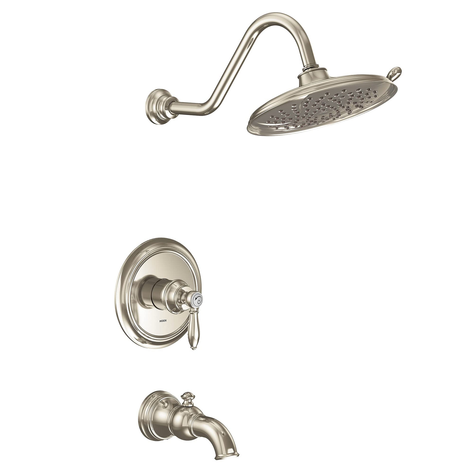 Polished nickel tub and shower trim kit with curved showerhead, single lever valve, and tub spout.