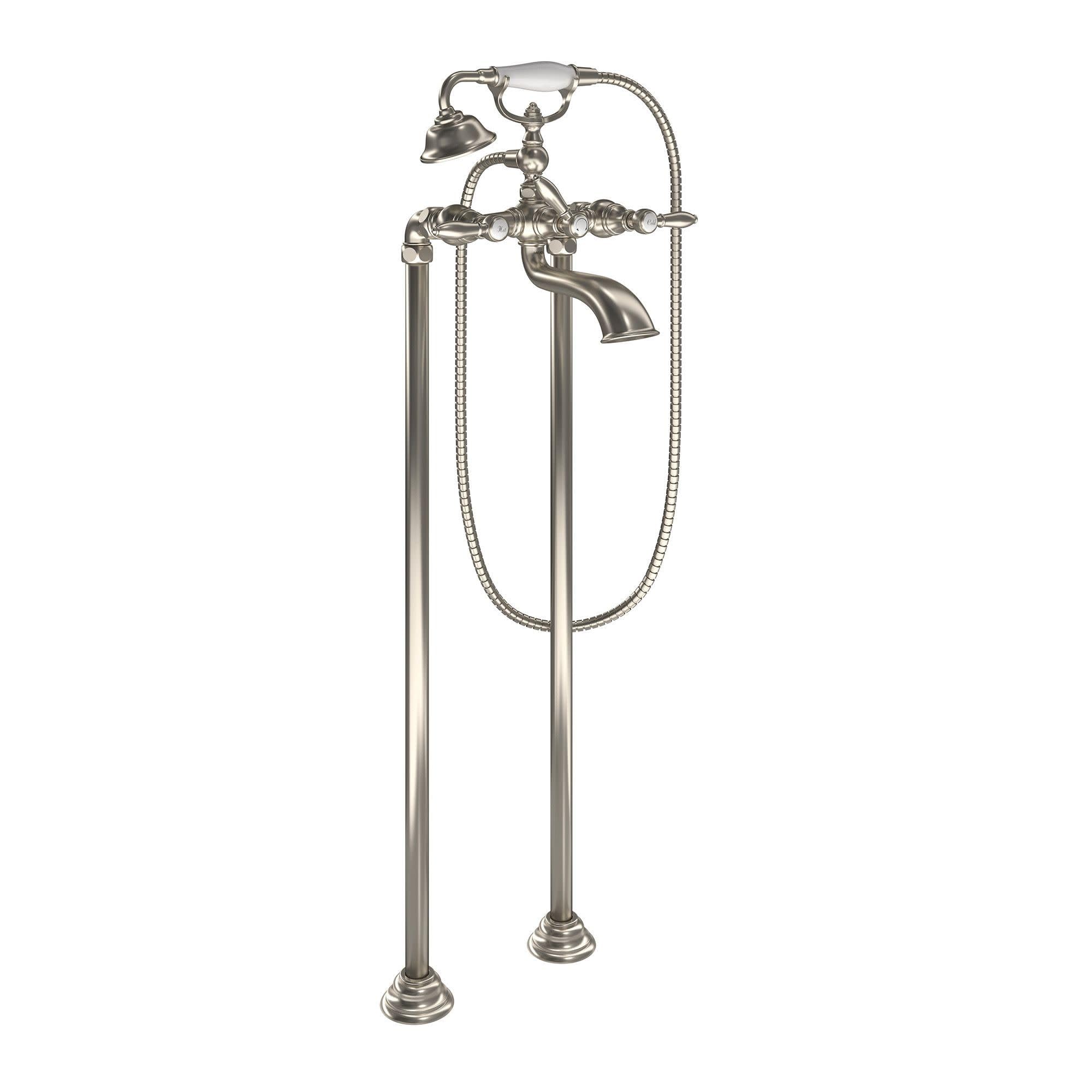 Brushed nickel freestanding tub filler with two handles, curved spout, handheld showerhead, and flexible hose.