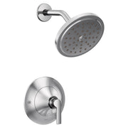 Chrome shower kit with round showerhead with multiple spray holes and wall-mounted valve trim with lever handle.