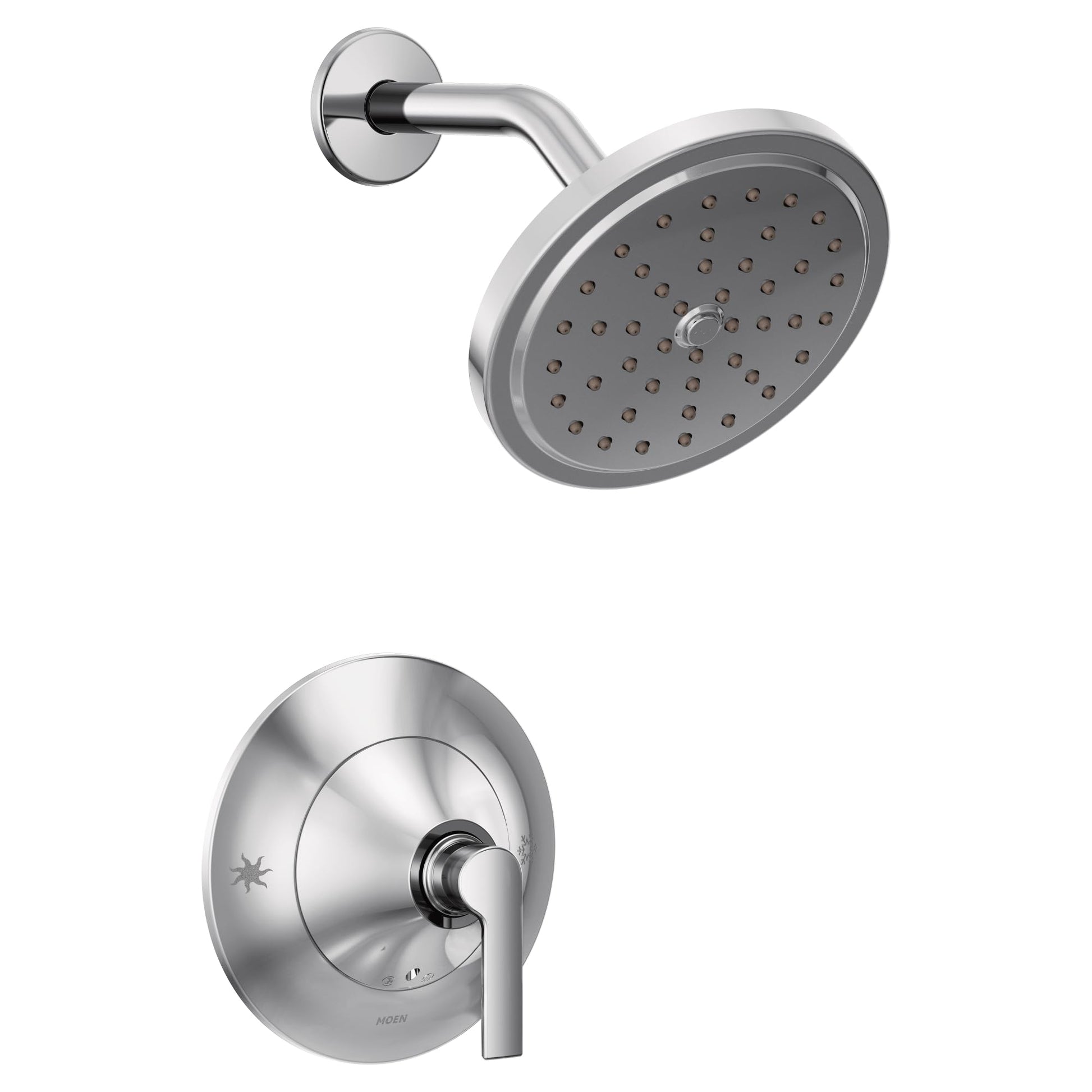 Chrome shower kit with round showerhead with multiple spray holes and wall-mounted valve trim with lever handle.