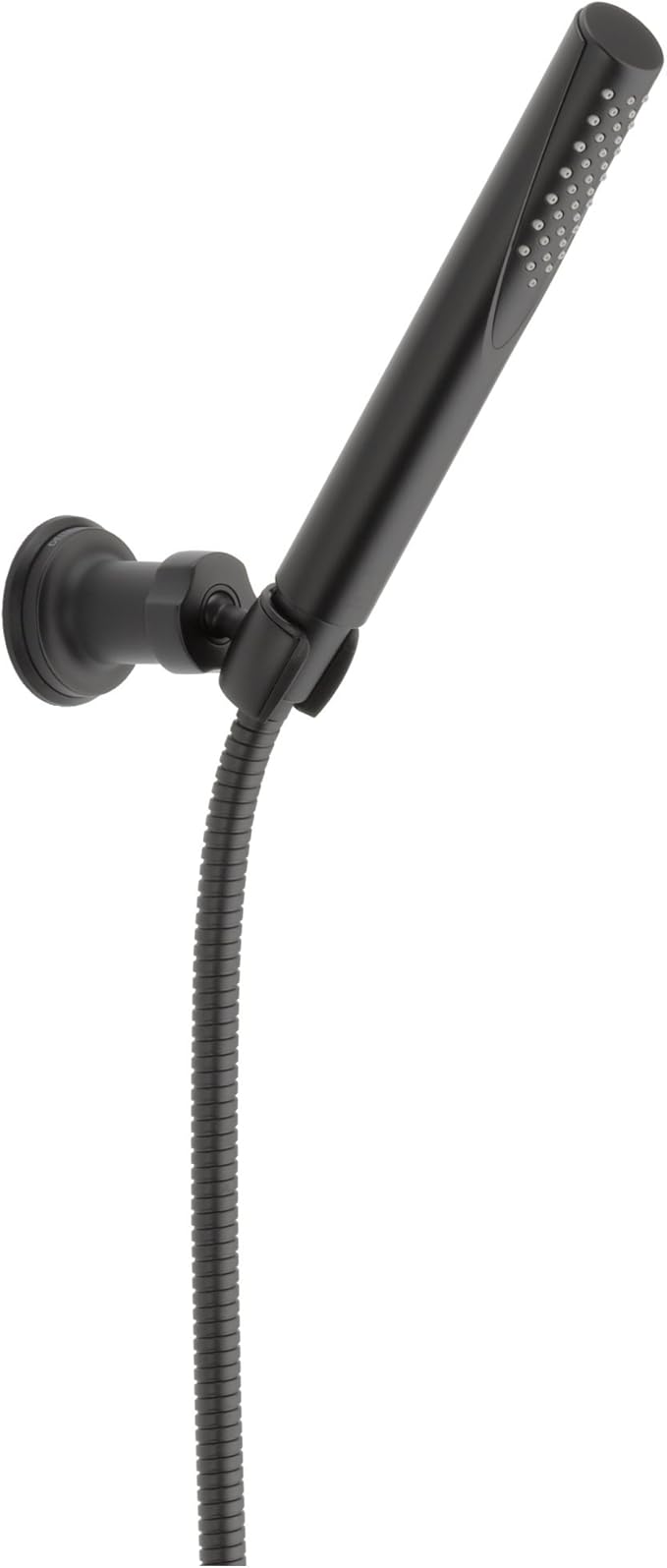 Black wall-mounted hand shower with adjustable bracket, perforated spray head, and flexible hose connection.