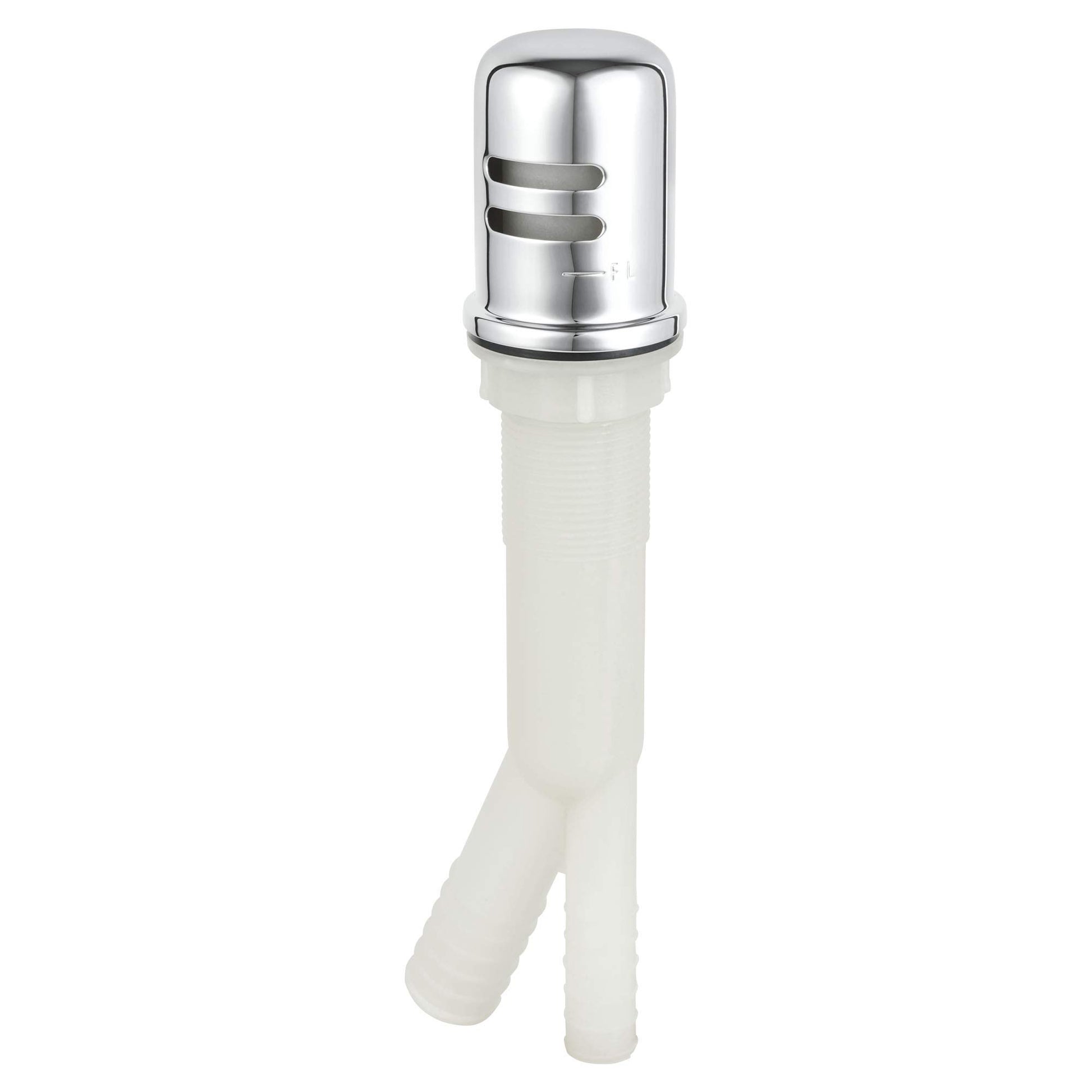 Chrome air gap with white plastic stem and dual outlet ports for sink installation.