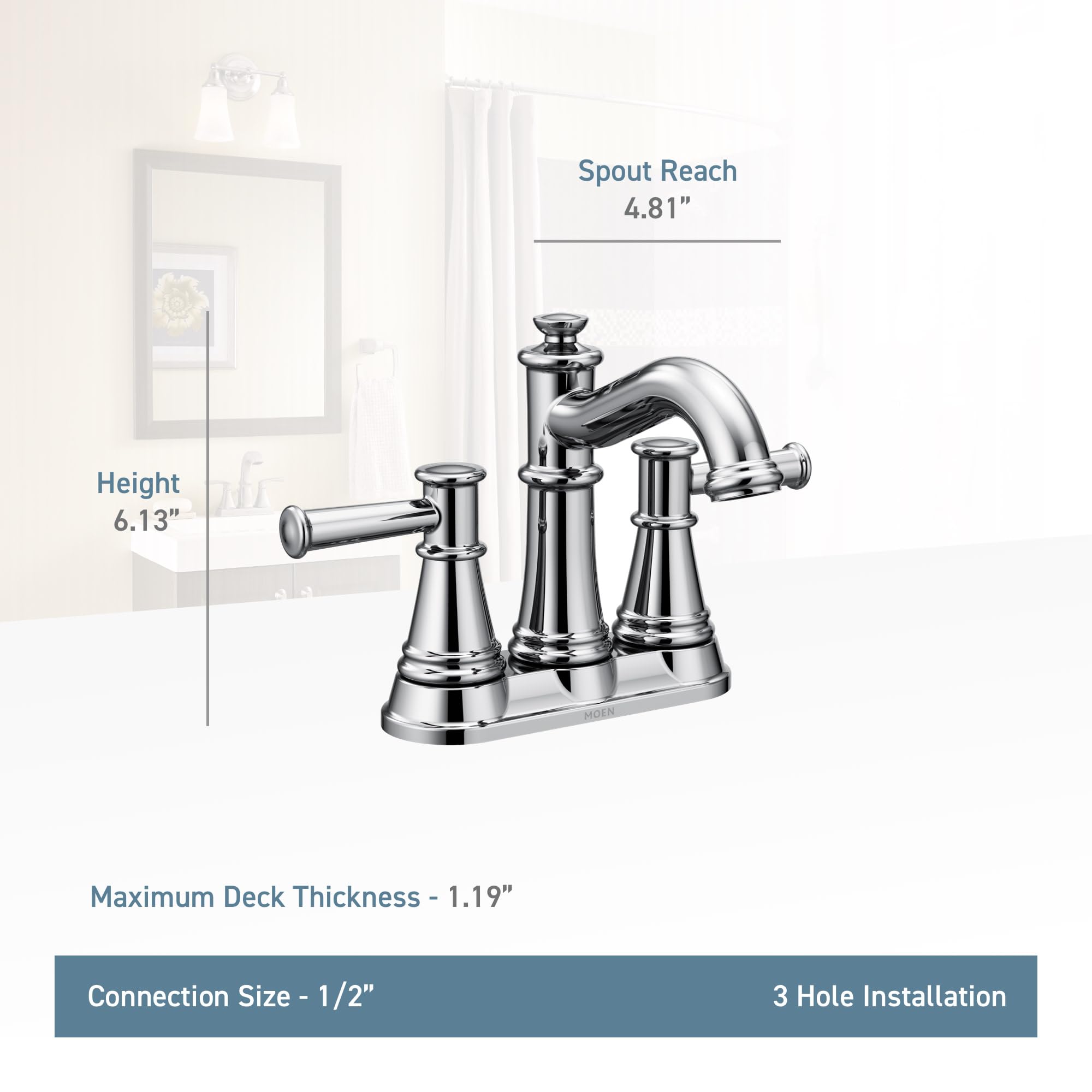 Moen Belfield two-handle centerset bathroom faucet in chrome with curved spout and tapered handles.
