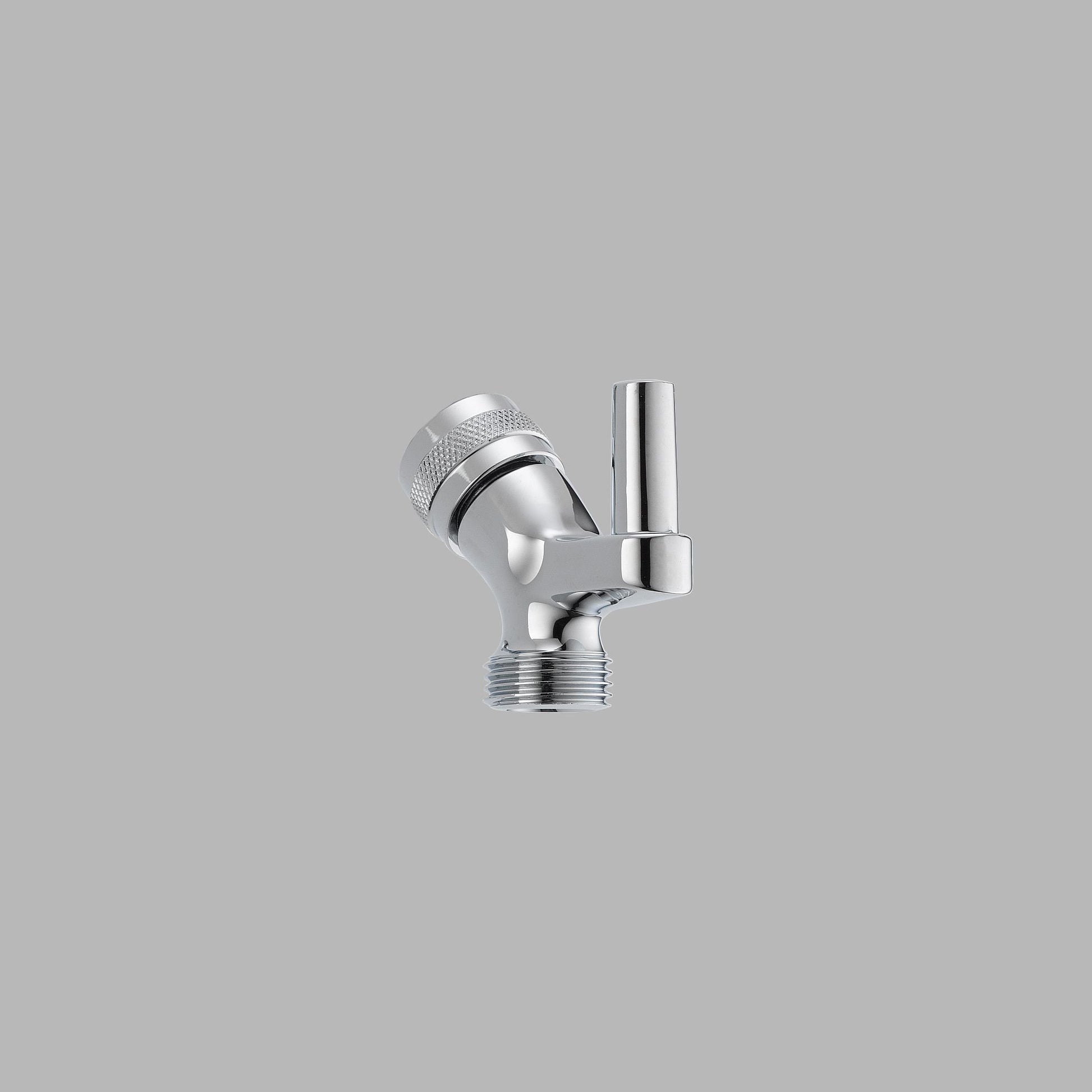 Chrome shower arm mount with angled connector, threaded base, and adjustable ball joint for directional positioning.
