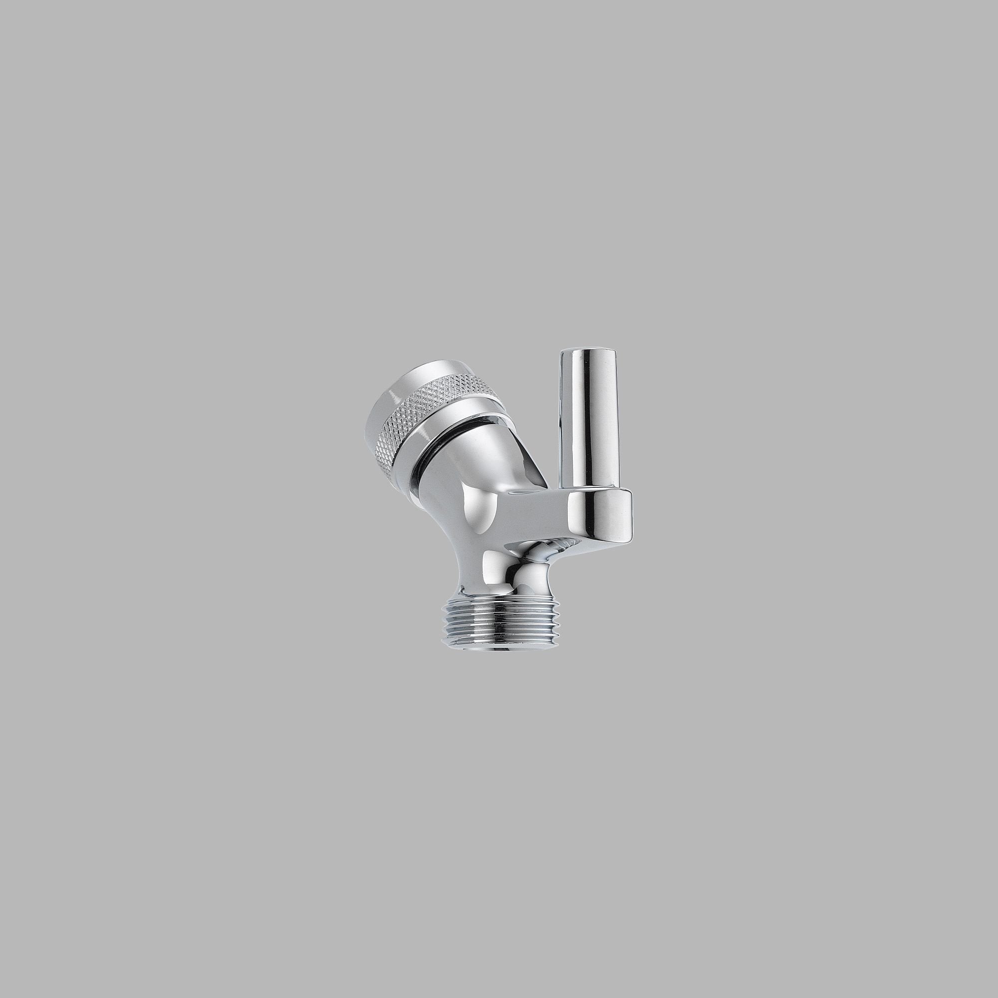 Chrome shower arm mount with angled connector, threaded base, and adjustable ball joint for directional positioning.