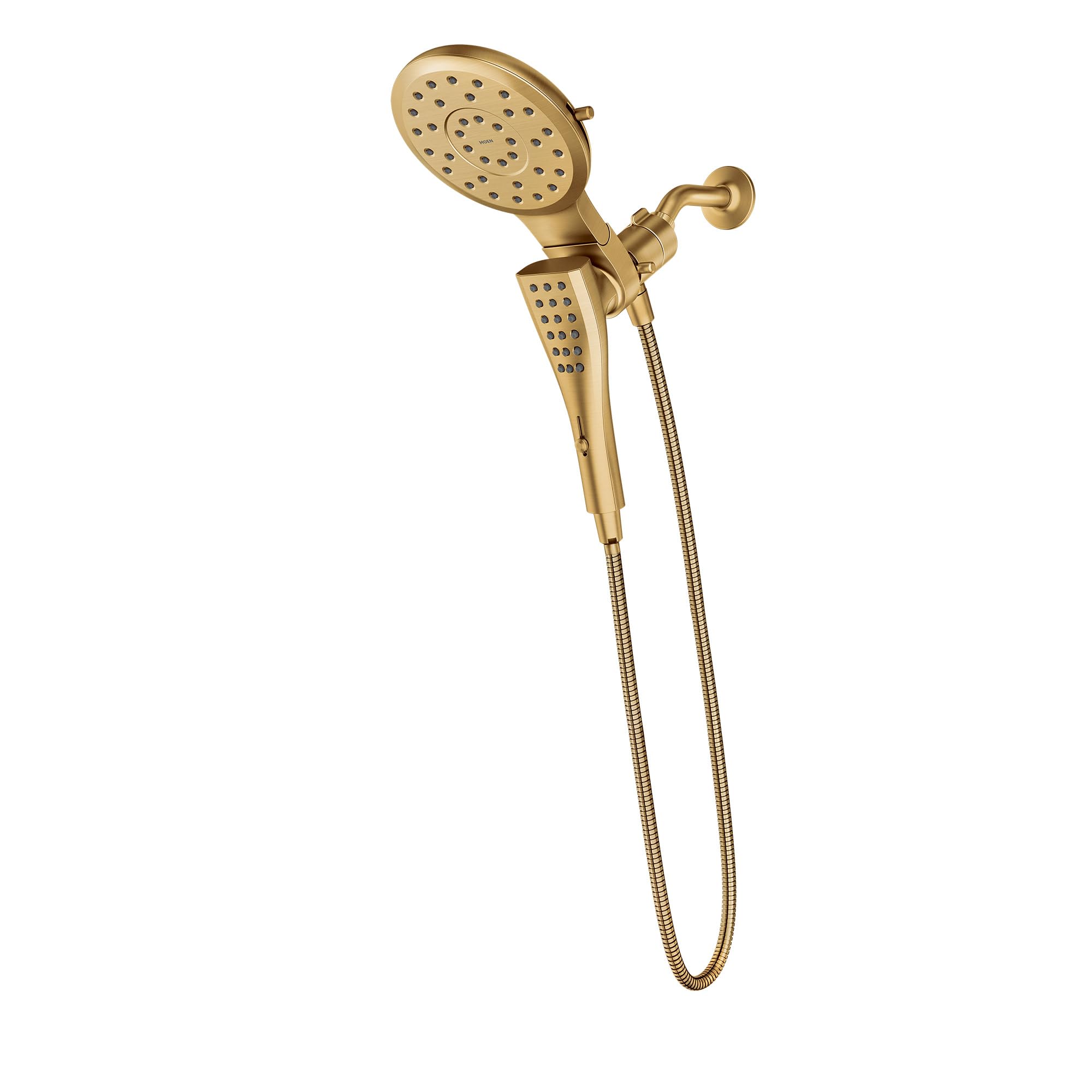 Brushed gold shower system with dual showerheads and handheld spray connected by flexible hose.