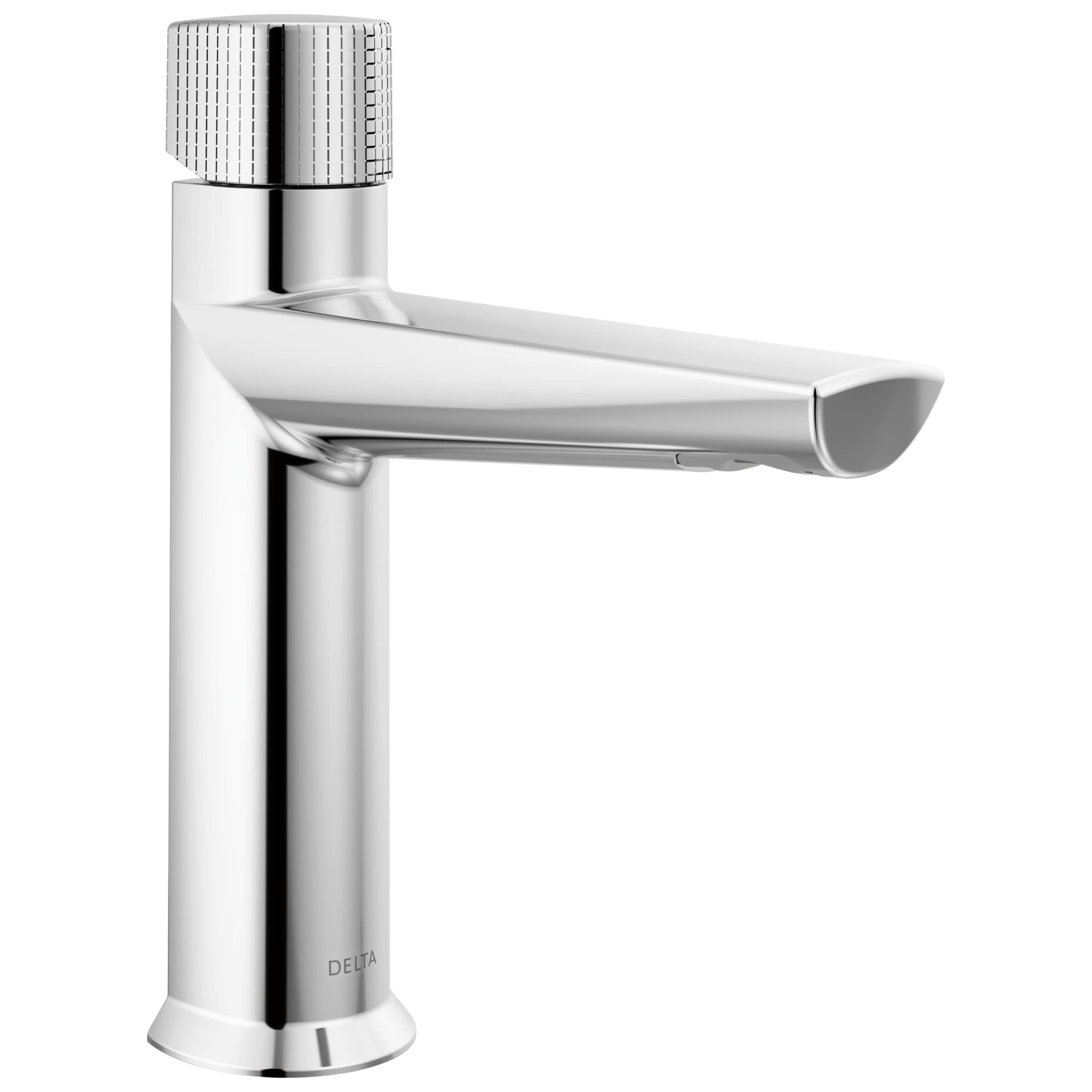 Chrome bathroom faucet with single knurled handle, curved spout, and cylindrical base.