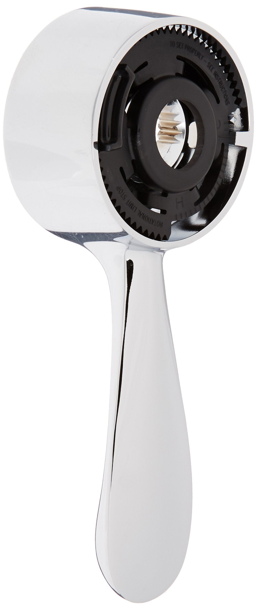 White and black metal lever handle kit with round escutcheon and brass internal components.