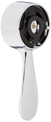 White and black metal lever handle kit with round escutcheon and brass internal components.