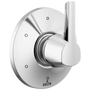 Chrome diverter trim with round escutcheon plate and single lever handle for shower/tub control.