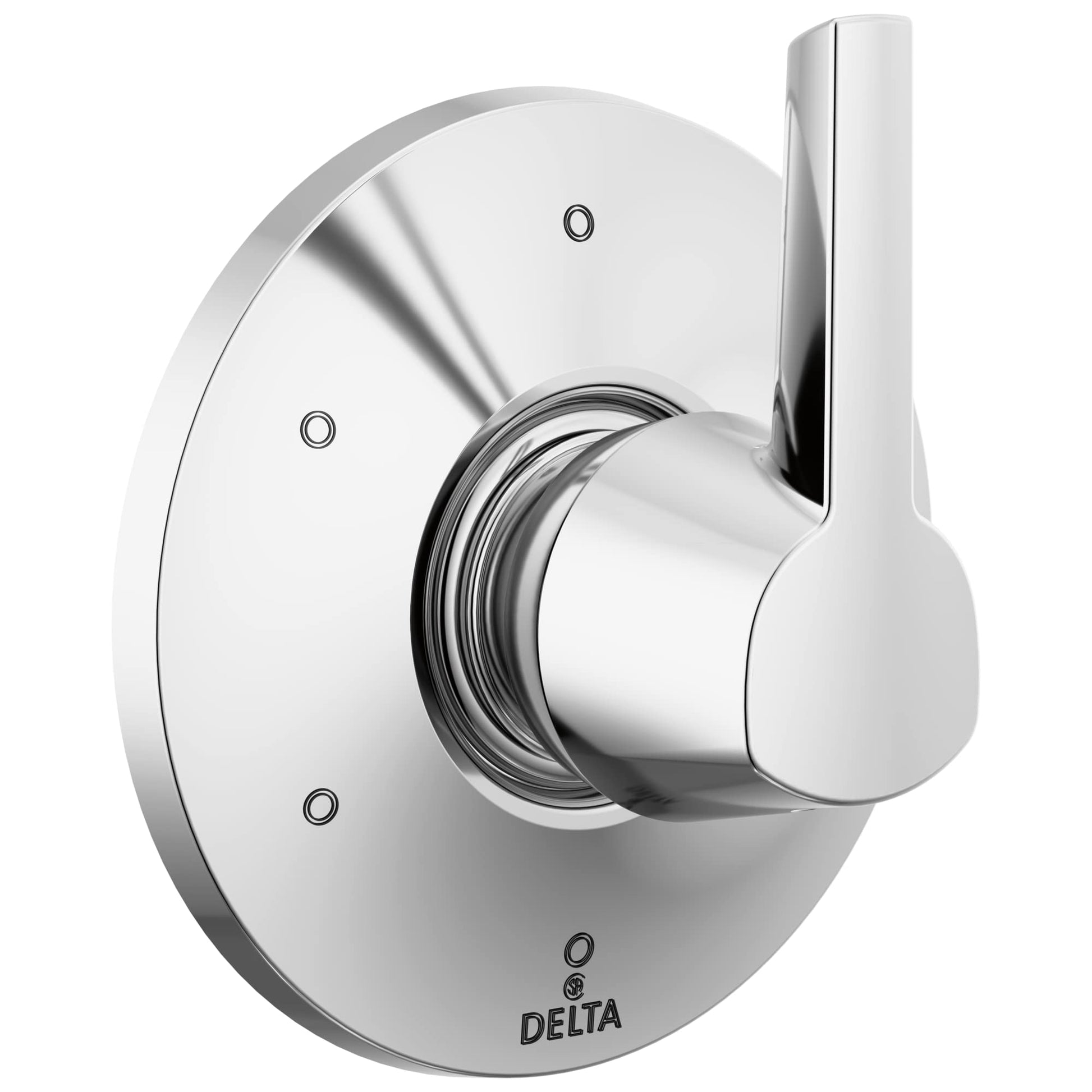Chrome diverter trim with round escutcheon plate and single lever handle for shower/tub control.