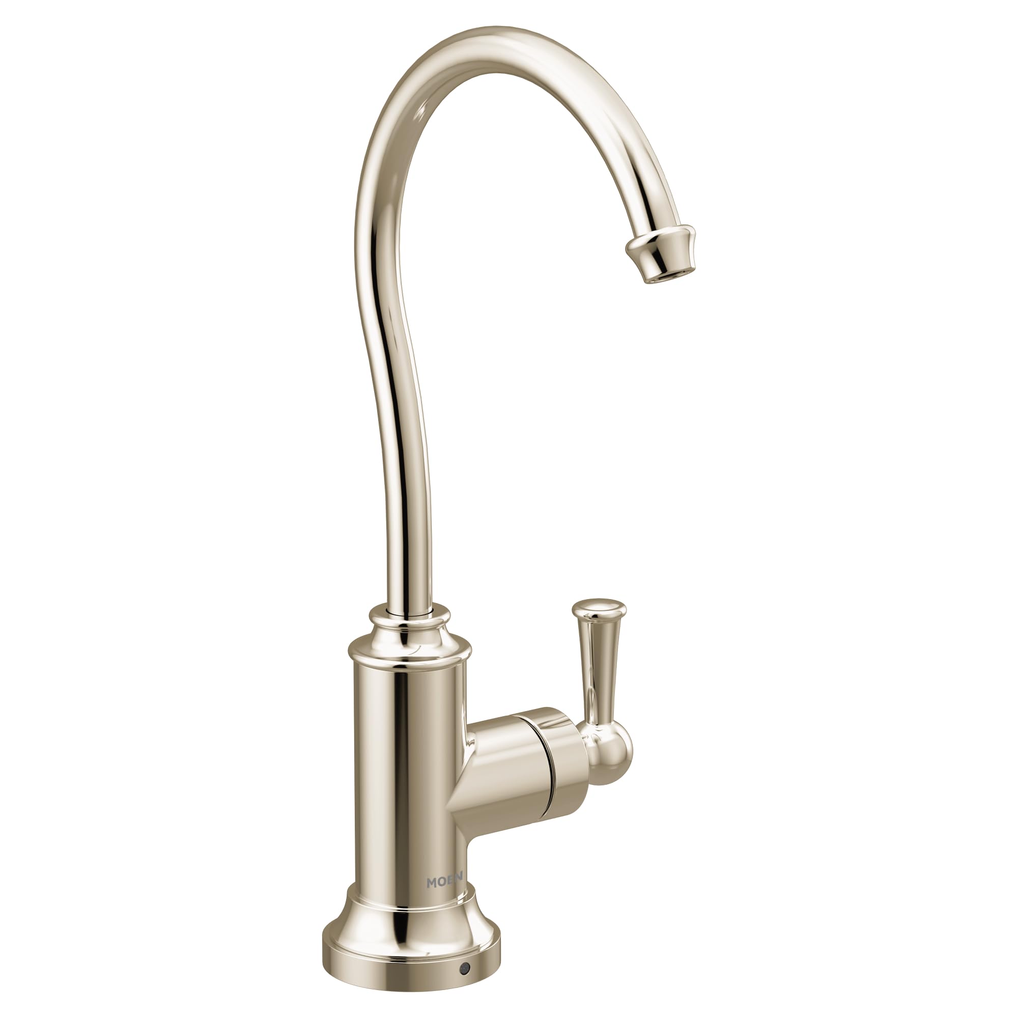 Polished nickel kitchen beverage faucet with curved spout and single side lever handle.