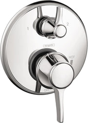 Chrome round pressure balance trim with diverter featuring two circular handles, one control lever, and labeled hot and off m