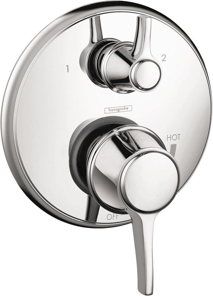 Chrome round pressure balance trim with diverter featuring two circular handles, one control lever, and labeled hot and off m