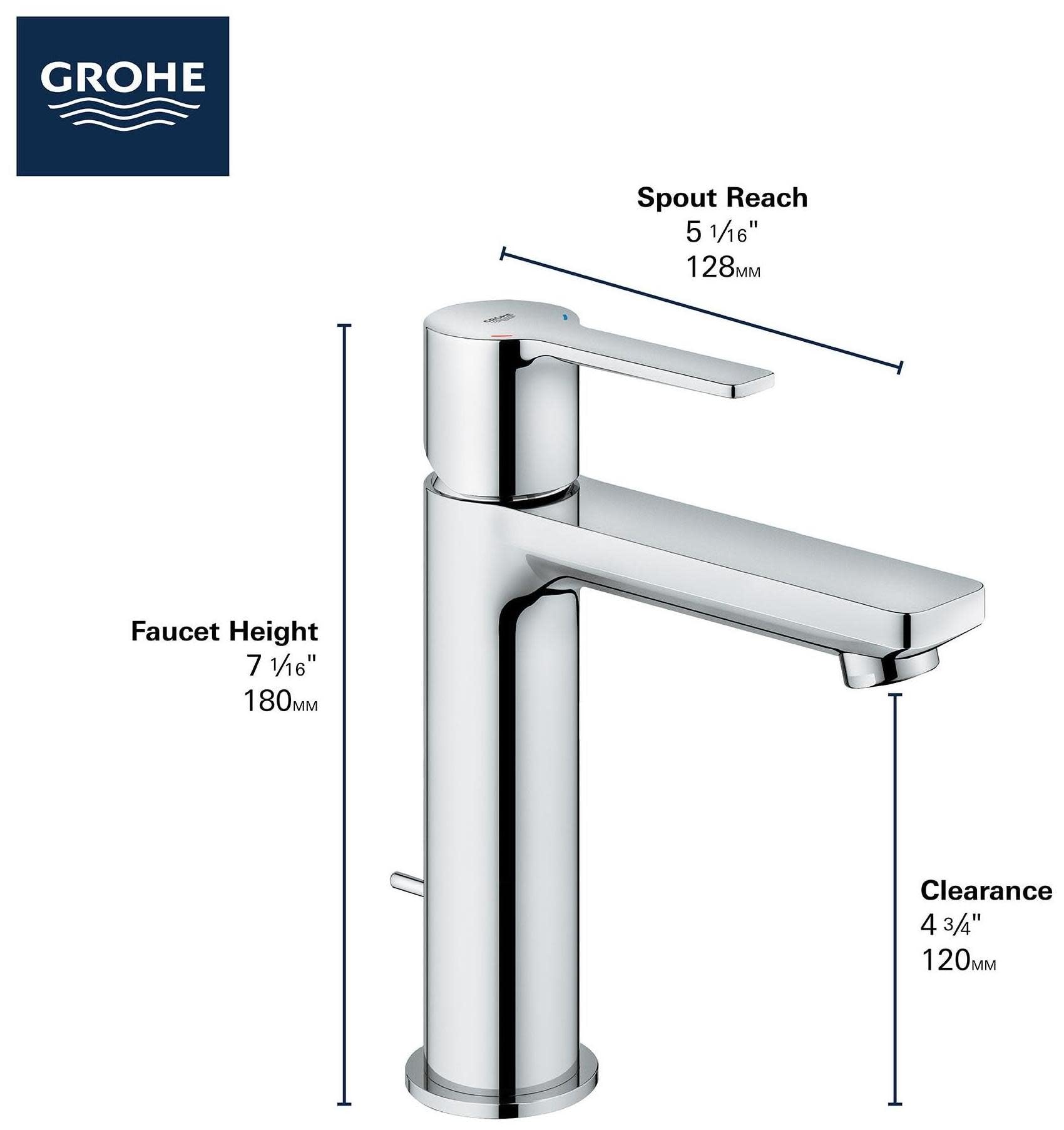 Grohe Lineare matte black single-handle bathroom faucet with cylindrical body, extended spout, and dimension measurements lab