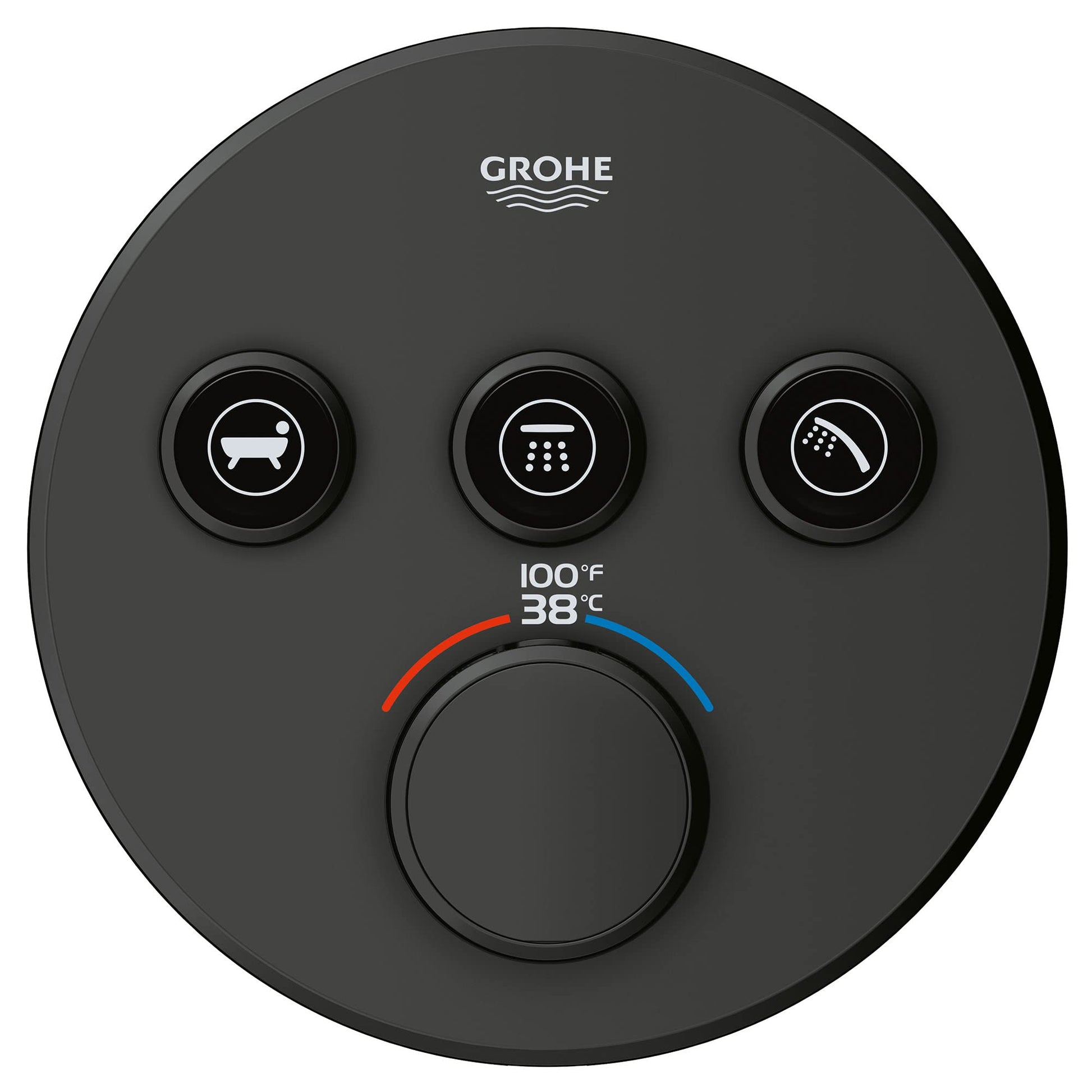 Matte black circular thermostatic valve trim with three function buttons and central temperature control dial showing 38°C/10