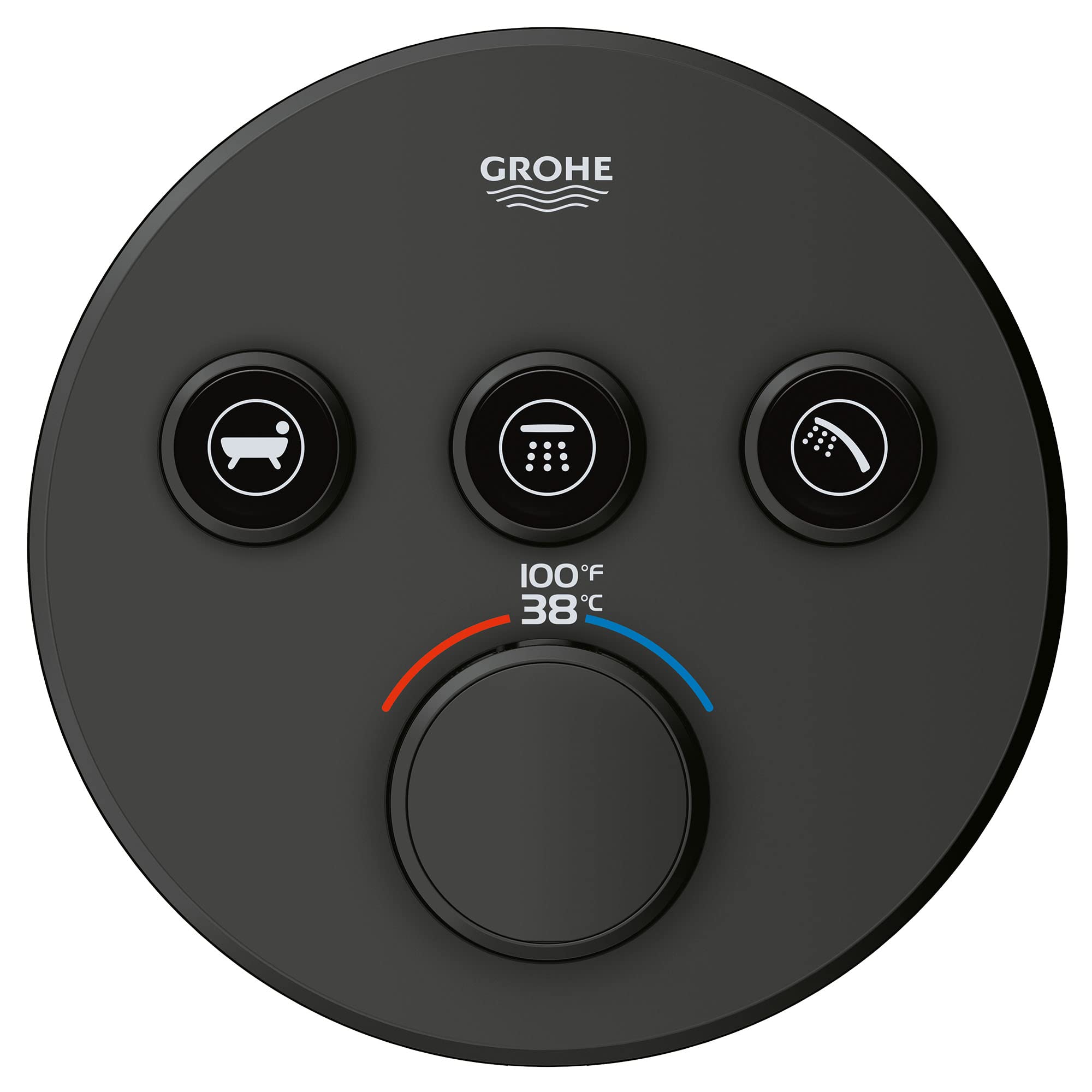 Matte black circular thermostatic valve trim with three function buttons and central temperature control dial showing 38°C/10