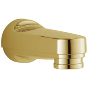 Polished brass tub spout with pull-down diverter and round wall-mounted escutcheon plate.