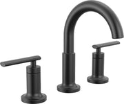 Matte black two-handle widespread bathroom faucet with curved spout and lever handles on round bases.
