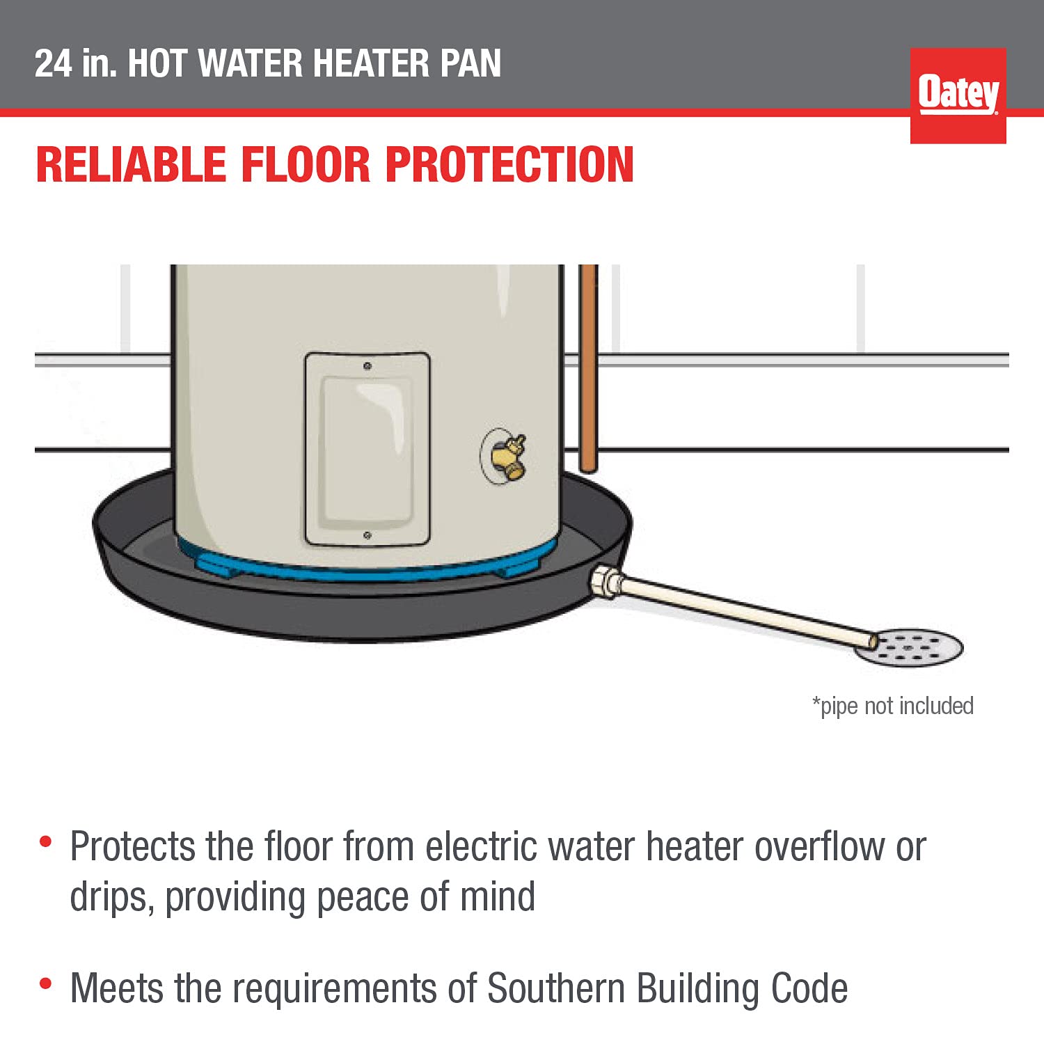 Oatey 24 in. plastic hot water heater pan with 1 to 1.5 in. pvc adapter in Black - 34063