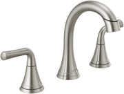 Stainless steel widespread bathroom faucet with curved central spout and two lever handles on either side.